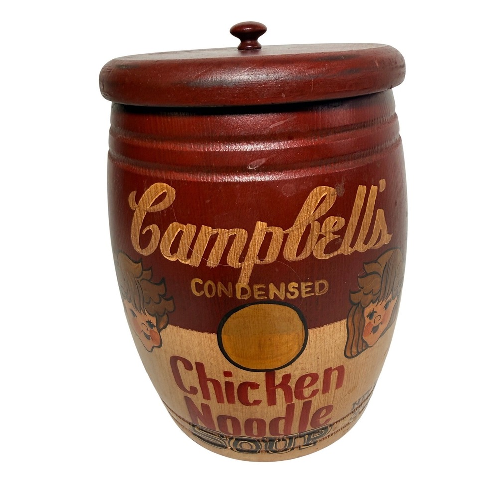 Vintage Campbells Soup Wooden Barrel Canister Hand Painted Artist Signed 9in